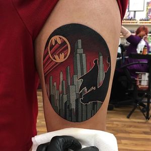 Batman tattoo by Keith Kuzara (keithison on IG) / Sink Or Swim Tattoo #batman #gothamcity #KeithKuzara