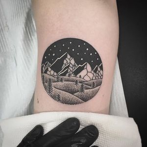 Mountain tattoo by Keith Kuzara (keithison on IG) / Sink Or Swim Tattoo #mountain #landscape #circle #snow #keithkuzura