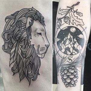Tattoos done here at Siren Studios by Corinne (IG: anti_von_d) #lion #landscape #pinecone #compass #linework #blackwork #blckwrk #sirenstudios 