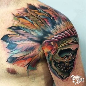 Tattoo feita pelo Eric Machado. Para consultas e agendamentos: Av. Dr. Cardoso de Melo, 320 - Vila Olímpia - SP #classictattooyou #eletricink #skull #nativeamerican #color #tatuagem #tatuaje