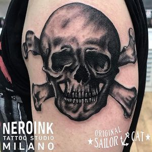 Not only traditional stuff for the Sailor Cat!!! Tattoo by Andy "Sailor Cat" Tattooer ☠️☠️☠️ #skull #blackandgrey