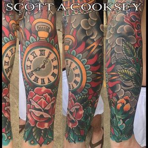 Portion of a healed tattoo sleeve done by Scott A Cooksey. #lonestartattoo #dallas #sleeve #traditional