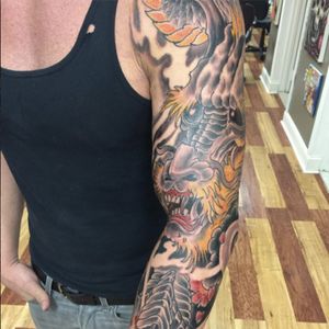 Full sleeve in 29 hrs for his first tattoo! Do it right the first time! No Pinterest tattooed here boys and girls!! #japanesetattoo #Japanesedragon #badass #tuff #killa #japanese #sleeve #fullsleeve