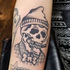 Smokin' skull dude by Douglas Grady #tattoo #tattoos #nyctattoo #brooklyntattoo #magiccobratattoo #traditionaltattoo #skulltattoo