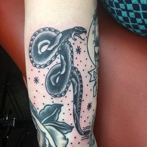 Super fun tat made by Mike Dunphy #713tattoo #moneymiketattoos #traditionalsnaketattoo #blackclaw #traditionaltattoos #snake