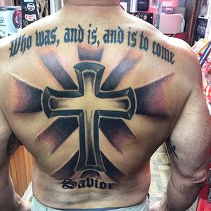 Black and grey backpiece by Station 1 Tattoo #blackandgrey #cross #backpiece #station1 #stationone 