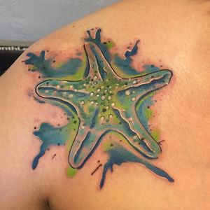 Watercolor tat by Pablo.. Stop by the shop to set up your appointment.. #watercolortattoo #staygoldtattoo #customtattoos #staybold #watercolor #starfish