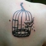 By Cheryl #bird #birdcage #breakingout #fly #blackandgrey #subqtattoo