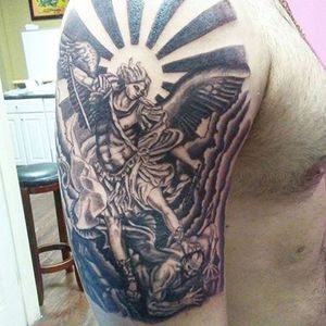 St Michael tattoo by Apollo #StMicheal #Apollo #subqtattoo #blackandgrey 