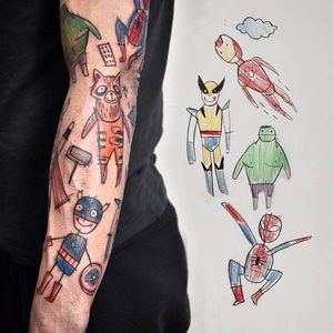 Epic sleeve by Miriam Frank , thank you Bernd !!! #farbenprachttattoo #marvel #avengers #captainamerica #wolverine #spiderman #ironman #tonystark #guardiansofthegalaxy #hulk #rocket #thor #marveluniverse