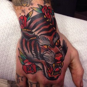 #tiger #traditional #hand Tattoo by Joe Ellis.