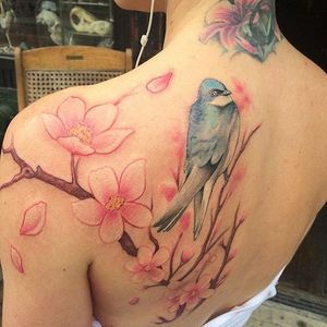 Work by Jon Jon (IG: jonjontattoo) #triplediamondtattoo #brooklyn #watercolor #bird #flower #cherryblossom 