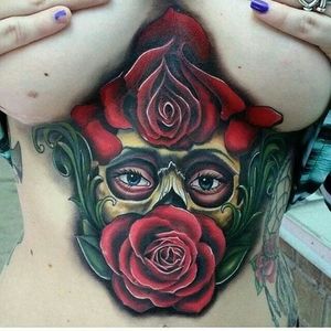Underboob skull rose tattoo, Done by Mike Woods.