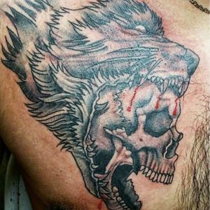 Wolf and skull by Vinny #coneyislandvinnytattoo #coneyislandvinny #wolf #skull #chest