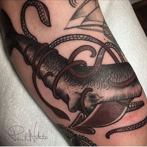 Tattoo on Patrick by Paul Natale. Paul is currently open for consultations, call the shop Tuesday through Saturday noon till 7pm to schedule. #hfbl #hfblaf #havefunbeluckytattoo #customtattoos #radtattoos #squidwhale