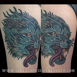 Healed tattoo I did on my awesome wife #wolf #traditional #lonestartattoo #dallas
