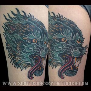 Healed tattoo I did on my awesome wife #wolf #traditional #lonestartattoo #dallas 