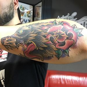 Wolf by Rainey Ovalle #wolf #traditional #rose #traditionalwolf #tattoomayhemnyc #tattoomayhem #nyc