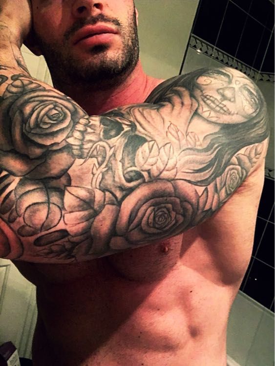 Tattoo Uploaded By Chris Left Arm Sleeve In Progress But Getting There Sleeve Tattoo Guyswithink Fullarmsleeve Fullarm Menstattoo Sexyink Dayofthedeadgirl Rose Skull Elbow Blackandgrey Guyswithtattoos Fullsleeve Tattoodo