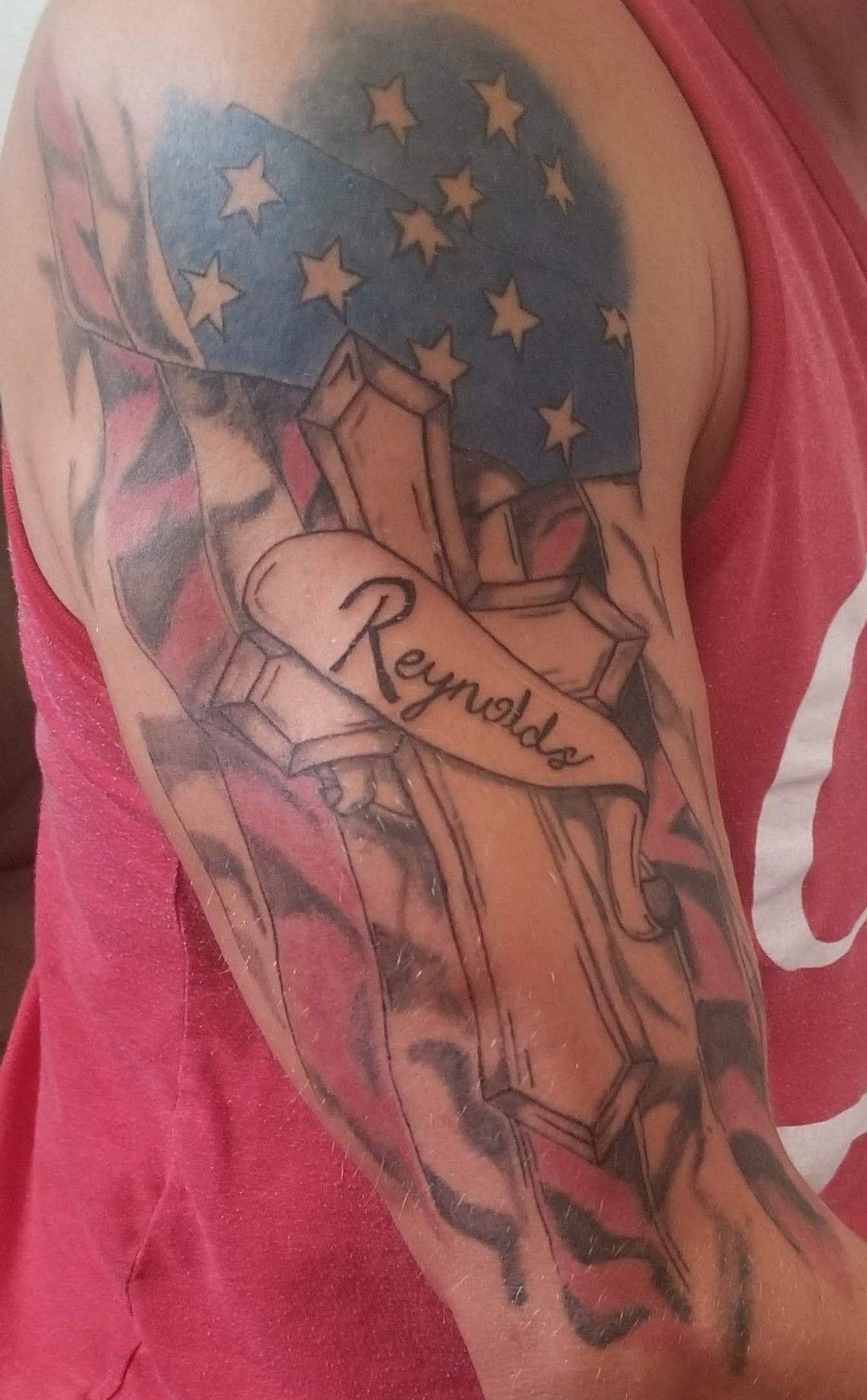 black and white american flag cross tattoo
