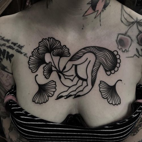Chest tattoo by Cloditta #Cloditta #chesttattoo #sternumtattoo #chestpiecetattoo #mudra #buddha #illustrative #buddhahand #blackwork #leaves