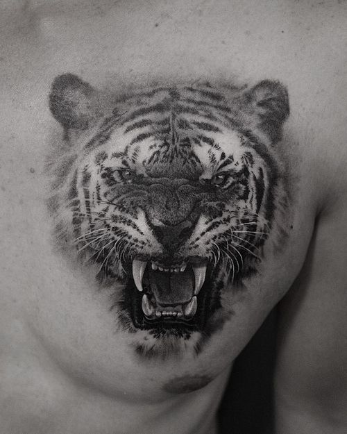 Chest tattoo by Cold Gray #ColdGray #chesttattoo #sternumtattoo #chestpiecetattoo #blackandgrey #tiger #realism #realistic #pectattoo