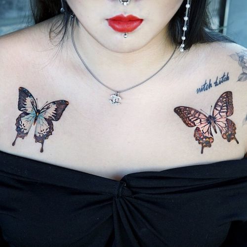 Chest tattoo by Tattooist A.re #TattooistA.re #TattooistAre #chesttattoo #sternumtattoo #chestpiecetattoo #butterfly #color #realism #realistic #butterflytattoo