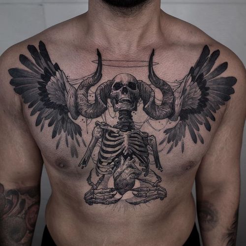 Chest tattoo by BB Rung #BBRung #chesttattoo #sternumtattoo #chestpiecetattoo #wings #feathers #skull #skeleton #darkart #heart #anatomicalheart #illustrative