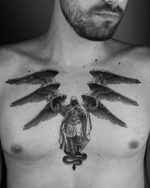 Chest tattoo by Amanda Piejak #AmandaPiejak #chesttattoo #sternumtattoo #chestpiecetattoo #michael #archangel #angel #wings #feathers #realism #realistic