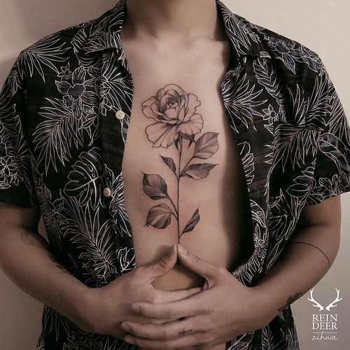 Chest tattoo by Zihwa #Zihwa #chesttattoo #sternumtattoo #chestpiecetattoo #illustrative #fineline #rose #flower #floral #leaves #nature