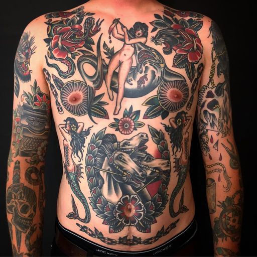Chest tattoo by Paul Dobleman #PaulDobleman #chesttattoo #sternumtattoo #chestpiecetattoo #traditional #color #shark #mermaid #pharaohshorses #rose