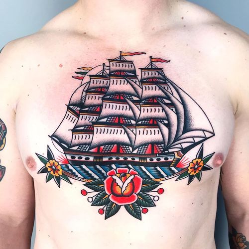 Chest tattoo by Dani Quepo #DaniQuepo #chesttattoo #sternumtattoo #chestpiecetattoo #traditional #color #ship #ocean #boat #rose #sailor #navy