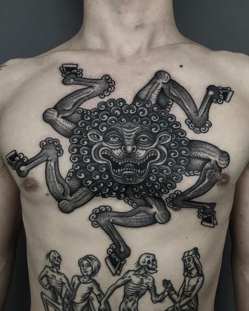 Chest tattoo by Al Boy #AlBoy #chesttattoo #sternumtattoo #chestpiecetattoo #blackwork #illustrative #medieval #esoteric #ancient #lion #etching #surreal