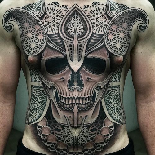 Chest tattoo by Jondix #Jondix #chesttattoo #sternumtattoo #chestpiecetattoo #geometric #ornamental #skull #pattern #skeleton