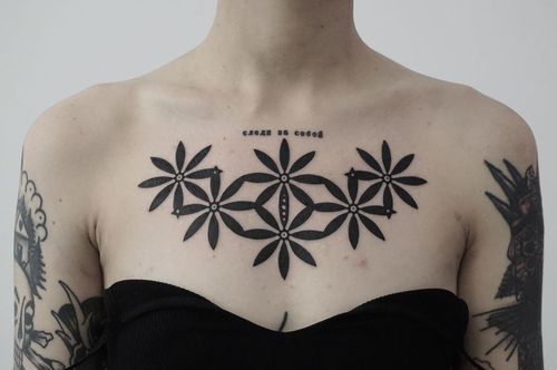 Chest tattoo by Nicobone #Nicobone #chesttattoo #sternumtattoo #chestpiecetattoo #neotribal #pattern #blackwork #graphicart #flower #floral