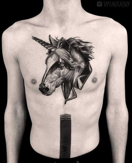 Chest tattoo by Vytautas Vy #VytautasVy #chesttattoo #sternumtattoo #chestpiecetattoo #blackwork #unicorn #horse #shape #leather