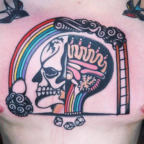 Chest tattoo by Aaron Carmody #AaronCarmody #chesttattoo #sternumtattoo #chestpiecetattoo #skull #surreal #traditional #rainbow #brain #egg #cloud #weird