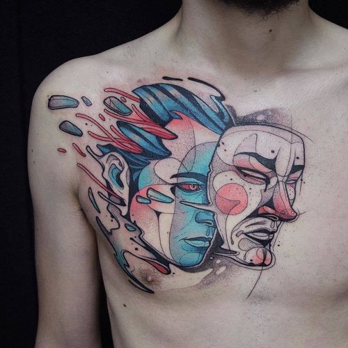 Chest tattoo by Kati Berinkey #KatiBerinkey #chesttattoo #sternumtattoo #chestpiecetattoo #illustrative #portrait #mask #color #clown #surreal #pectattoo