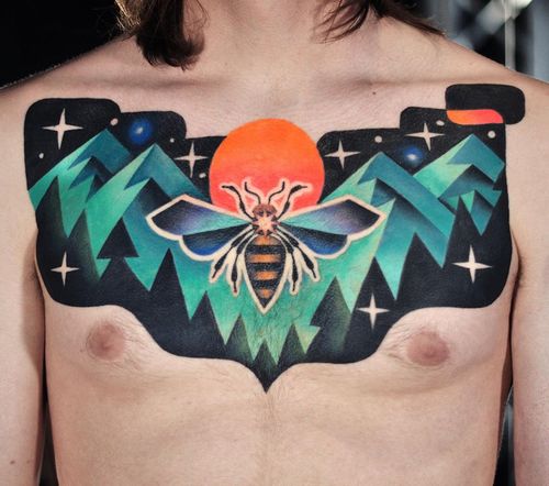 Chest tattoo by David Cote #DavidCote #chesttattoo #sternumtattoo #chestpiecetattoo #mountains #landscape #moth #moon #stars #newschool #color