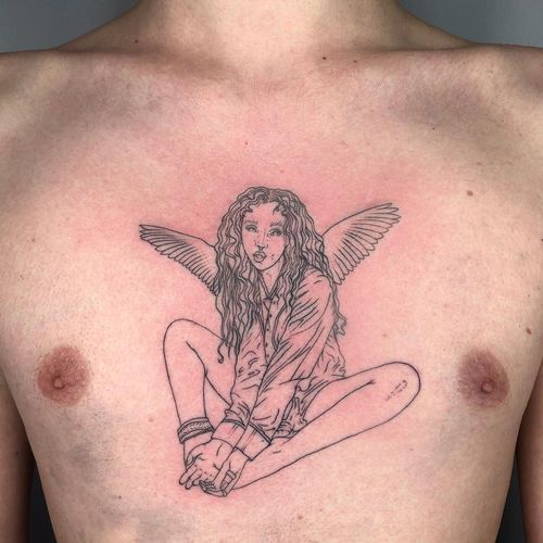 Chest tattoo by Brittany Randell #BrittanyRandell #chesttattoo #sternumtattoo #chestpiecetattoo #fkatwigs #illustrative #linework #wings #angel