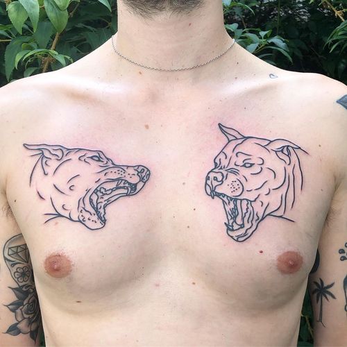 Chest tattoo by Gael Cleinow aka Hand Job Tattoo #GaelCleinow #HandJobTattoo #chesttattoo #sternumtattoo #chestpiecetattoo #dogs #linework #illustrative #dog #animal