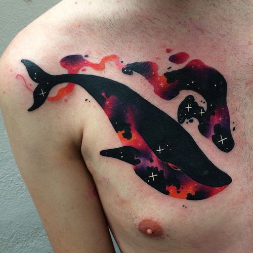 Chest tattoo by Giena Todryk #GienaTodryk #chesttattoo #sternumtattoo #chestpiecetattoo #surreal #color #whale #ocean #oceanlife #animal #stars #galaxy