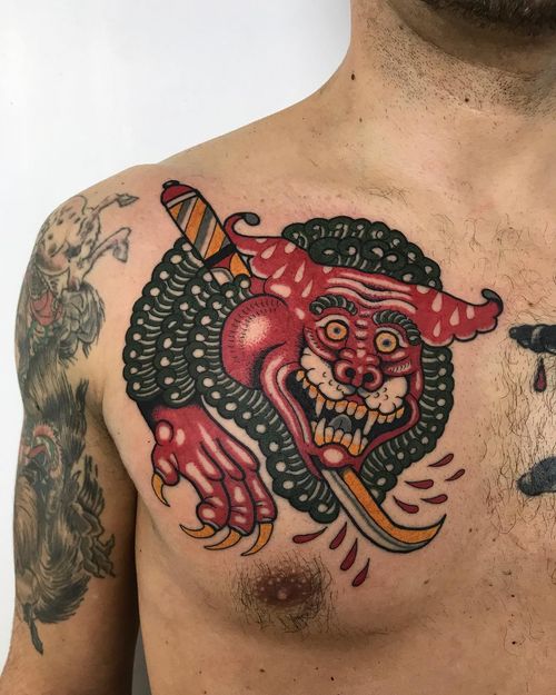 Chest tattoo by Al Boy #AlBoy #chesttattoo #sternumtattoo #chestpiecetattoo #demon #medieval #satan #color #etching #sword #dagger